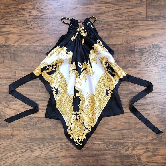 Cache • vintage silk scarf top halter neck chain black white gold versace - Picture 2 of 12